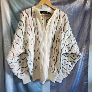 Tulchan 100% Pure New Wool Cardigan Sweater Cream Multicolor Geometric grandma‎